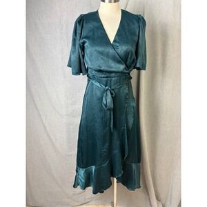 Lulu's Teal Satin Wrap Midi Dress Flutter Sleeve Tie Waist‎ Ruffle Hem
